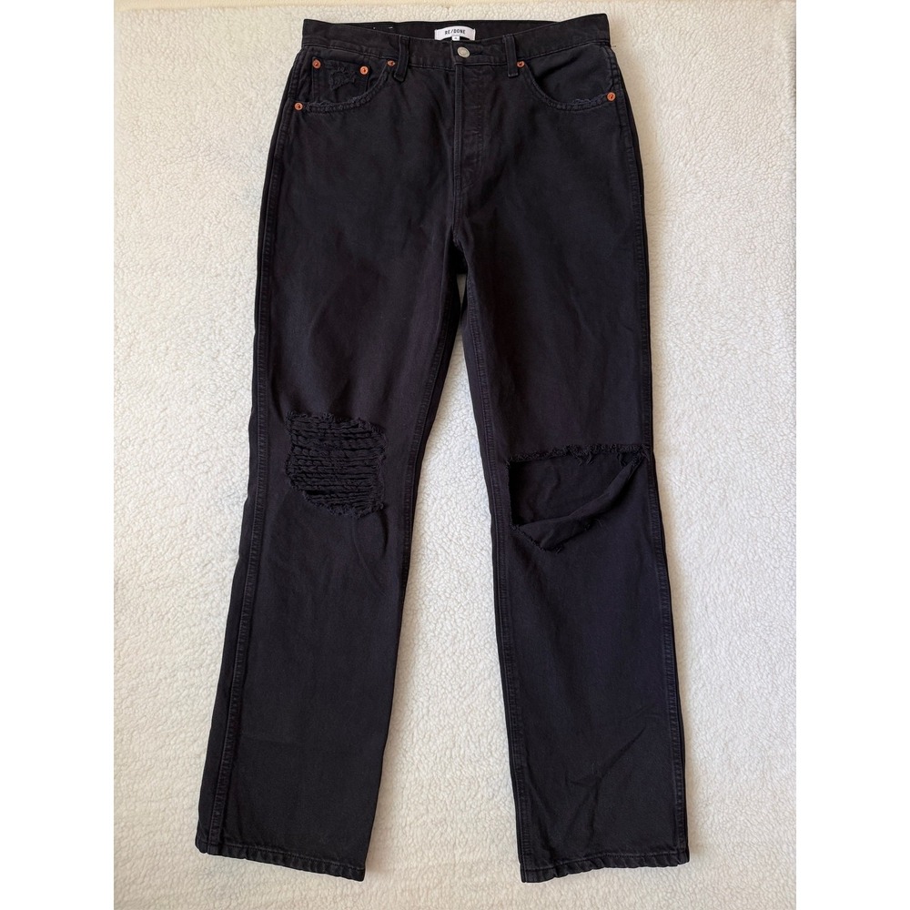 RE/DONE Straight Jeans Womens 29 Black Denim Washed Ripped Button Fly 29x30